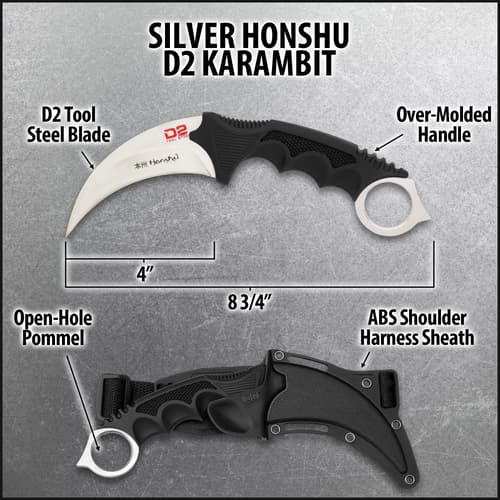 The 4” karambit has a razor-sharp, D2 tool steel curved blade with a penetrating point and the handle is grippy, over-molded TPU with the classic finger-ring pommel