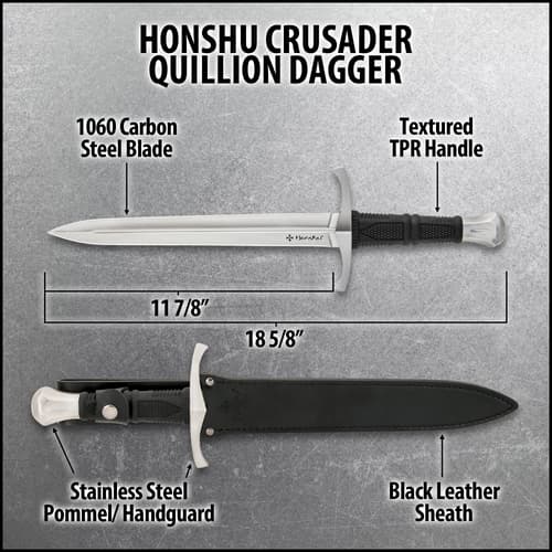 Upclose angled view of a silver dagger with  blood groves and a hand guard, with a cross-style symbol and "Honshu" displayed on the bottom right side of the blade.