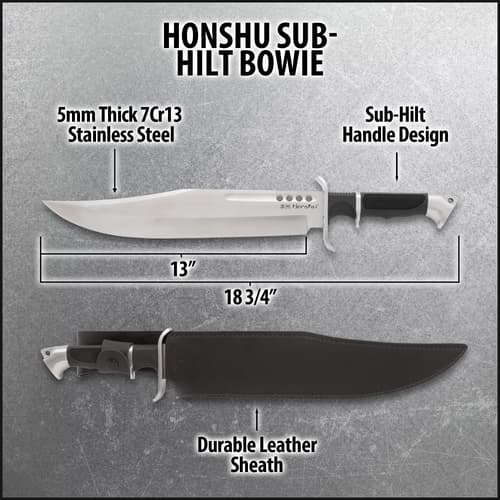 Diagram of Honshu Sub-Hilt Bowie knife with dimensions