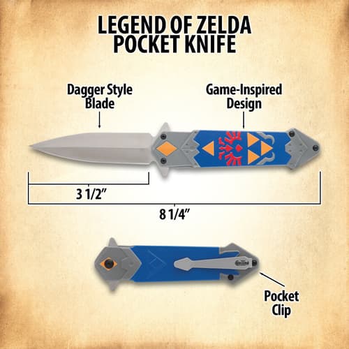 Legend of Zelda pocket knife with measurements and labels