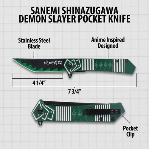 Diagram of anime-inspired pocket knife with dimensions