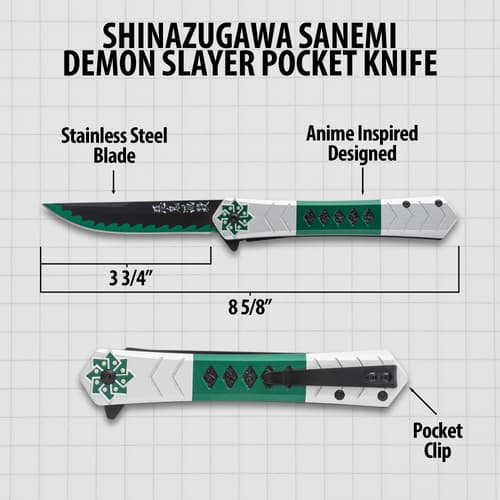 Diagram of anime-inspired pocket knife with dimensions