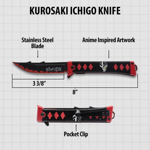 Diagram of Kurosaki Ichigo knife with measurements and features