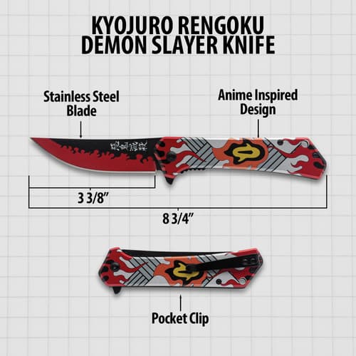 Diagram of anime-inspired knife with dimensions and features