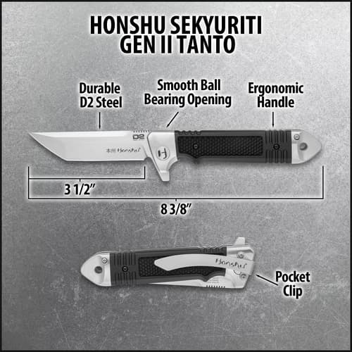 Diagram of Honshu Gen II Tanto knife with features labeled