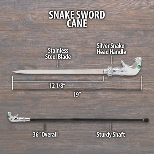 Diagram of snake sword cane with dimensions and features