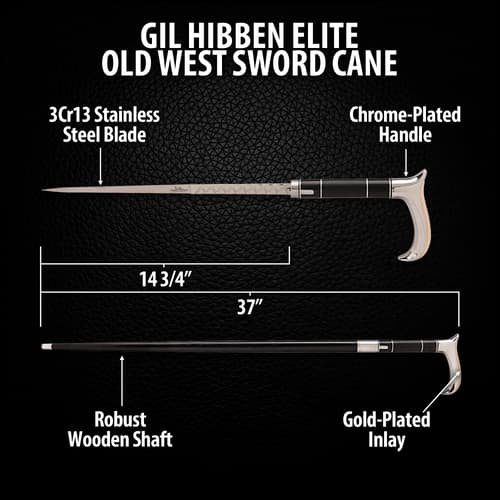 Measuring 36 1/2", the sword cane is made of cast metal with chrome handle grip and gold plated inlay with file work on the blade.