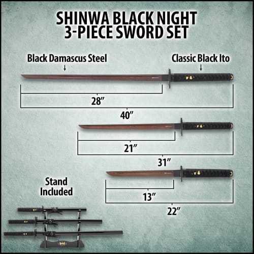 Shinwa black 3 piece japanese sword set displayed on a black lacquered wooden stand