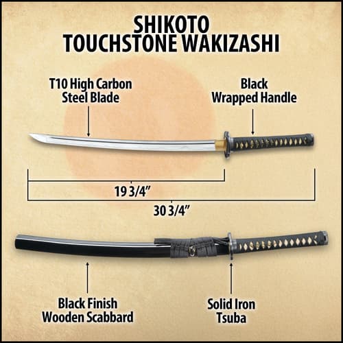 Shikoto Touchstone Handmade Wakizashi / Samurai Sword - Hand Forged Clay Tempered T10 High Carbon Steel - Ray Skin; Iron Tsuba; Certificate of Authenticity - Functional, Full Tang, Battle Ready