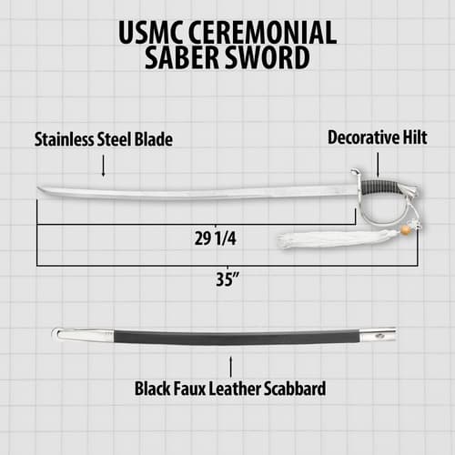 Diagram of USMC ceremonial saber sword with dimensions