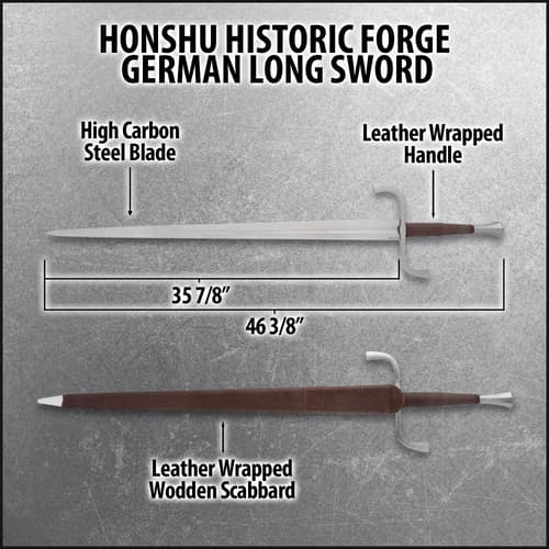 Zoomed view of the point of the 1065 carbon steel blade of the Honshu Historic Forge German Long Sword.