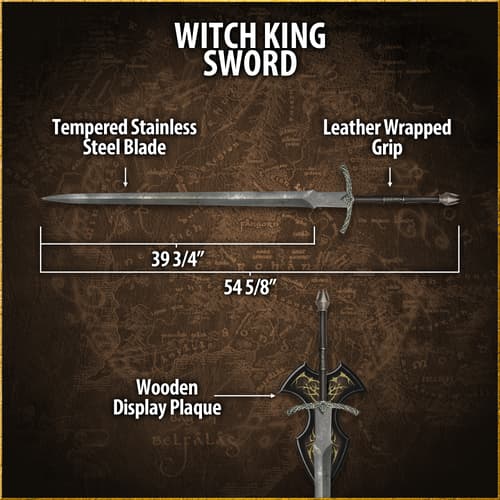 Closeup view of the genuine leather wrapped handle of the Witch-King sword with detailed guard and pommel.