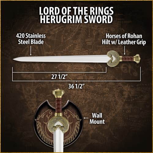 The Lord of the Rings character King Theoden of Rohan is shown with the Herugrim sword secured to his side.