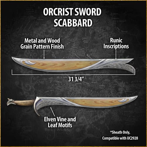 Diagram of Orcrist sword scabbard with measurements and details