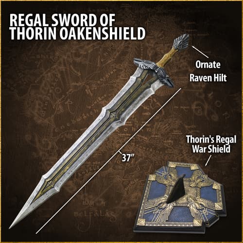 Sword labeled 'Regal Sword of Thorin Oakenshield' with dimensions