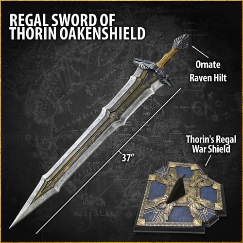 Sword labeled 'Regal Sword of Thorin Oakenshield' with shield