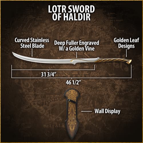 Diagram of LOTR Sword of Haldir with dimensions and features
