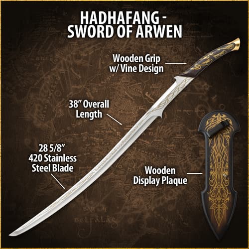 Sword labeled with specifications and display plaque