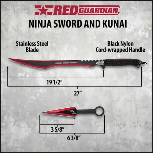 Red Guardian ninja sword and kunai with dimensions