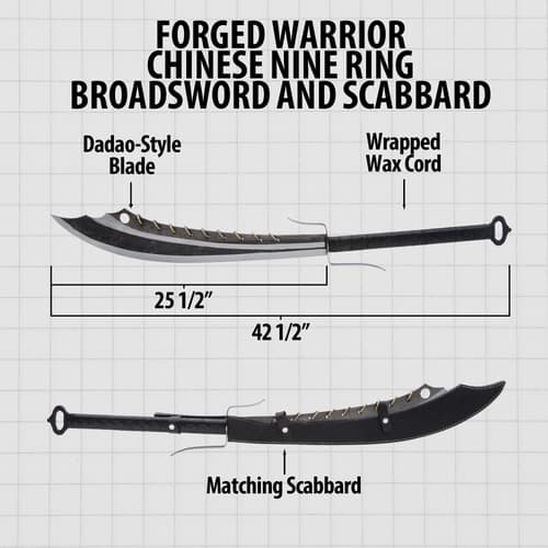 Diagram of Forged Warrior broadsword and scabbard with dimensions