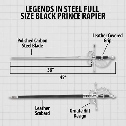 Diagram of Black Prince Rapier with dimensions and features