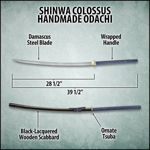 Shinwa Colossus Handmade Odachi / Giant Samurai Sword - Hand Forged Damascus Steel; Genuine Ray Skin; Dragon Tsuba - Functional, Full Tang, Battle Ready - 60”