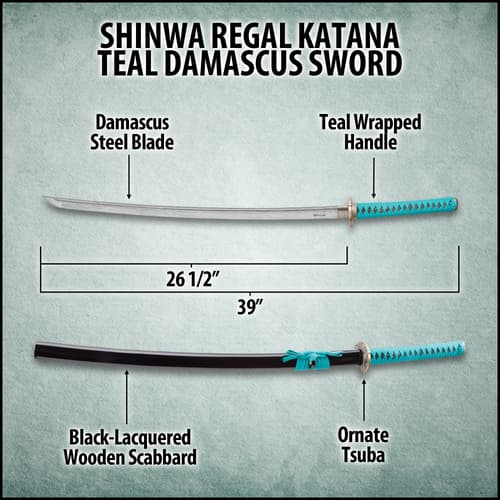 A detailed view of the Damascus steel blade and ornate cast metal tsuba.