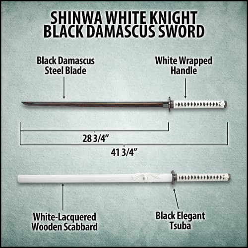 White braided cord wraps the faux rayskin handle of the sword with brass menuki.