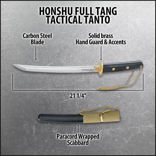 Diagram of Honshu full tang tactical tanto with labeled features