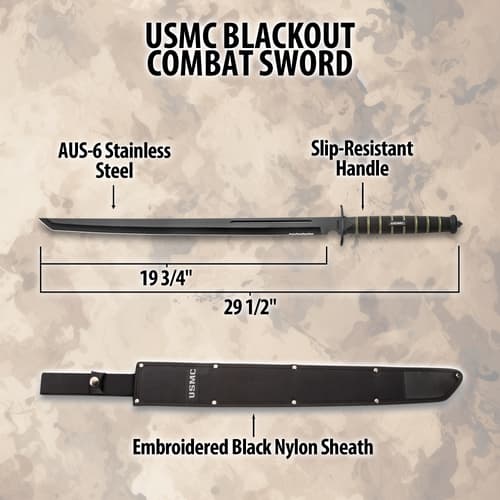 USMC Blackout Combat Sword with dimensions and features