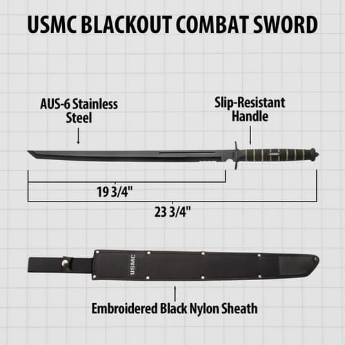 Diagram of USMC Blackout Combat Sword with dimensions