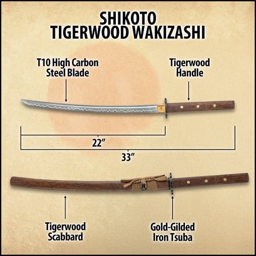 Full view of the Shikoto Tigerwood Wakizashi with T10 carbon steel blade and brown tigerwood handle.