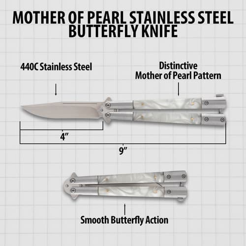 Diagram of butterfly knife with measurements and features