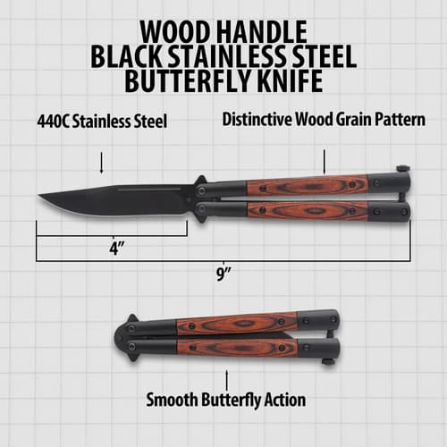 Diagram of butterfly knife with measurements and features