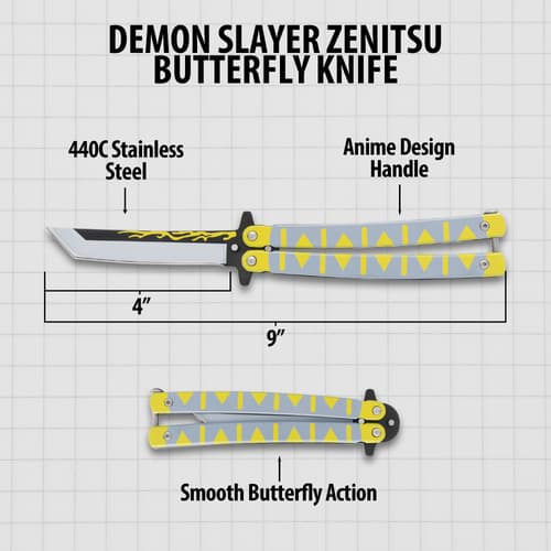 Diagram of Zenitsu butterfly knife with dimensions and features