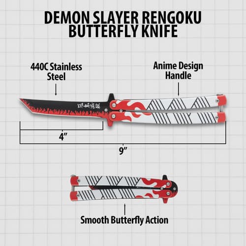 Diagram of Demon Slayer Rengoku butterfly knife with dimensions