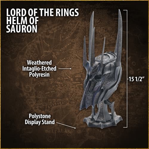 Sauron's helm with labels, polystone stand, map background