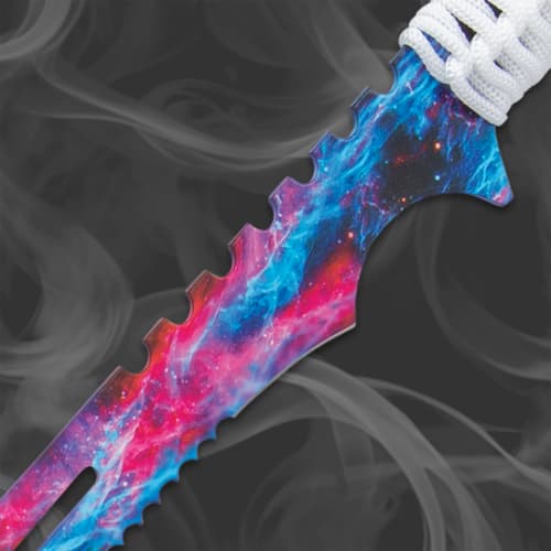 Close-up of a colorful sword blade with cosmic design