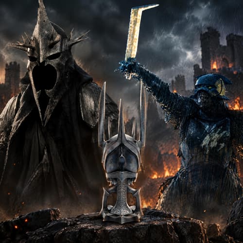 Dark armored figures with spiked helmets in a fiery, stormy landscape