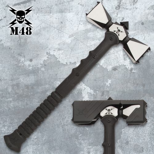 Double-headed war hammer with sheath on a textured surface