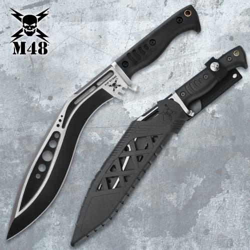 Tactical kukri knife with sheath on textured background