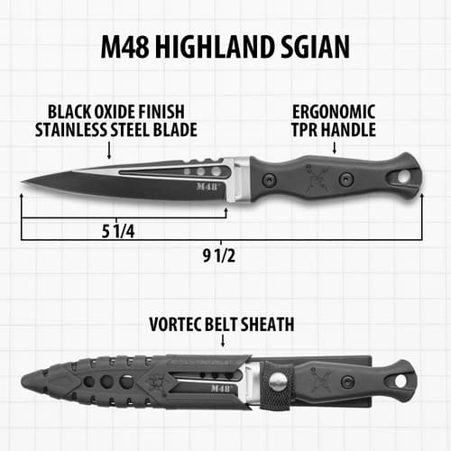 Diagram of M48 Highland Sgian knife with dimensions and sheath