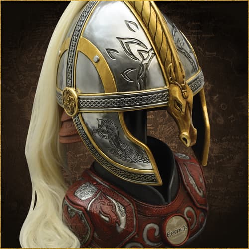Close-up of a detailed helmet with horse motifs and engravings