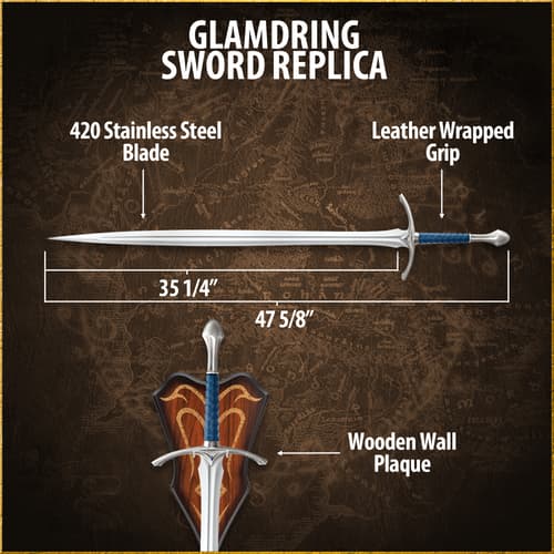 Diagram of Glamdring Sword Replica with dimensions and features labeled