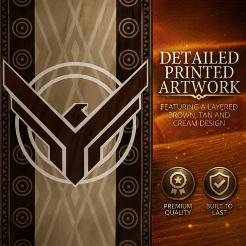 Detailed printed artwork in brown, tan, and cream design