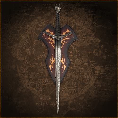 Sword displayed on a decorative shield over a map