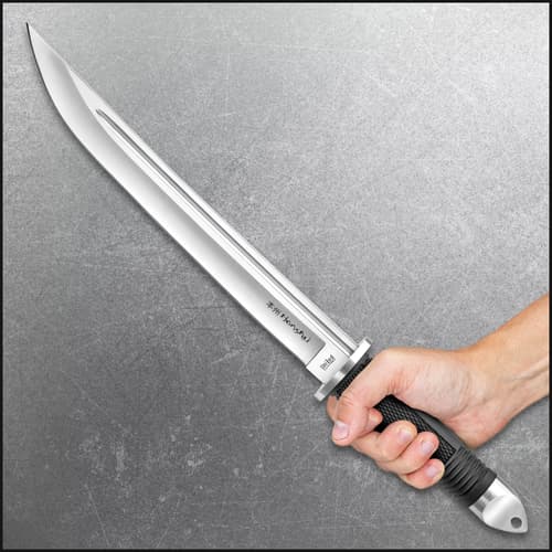 The 16 3/4” knife has a 10 3/4” 440 stainless steel blade with deep blood groove and over molded TPR grip.