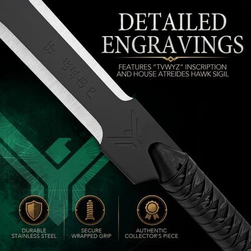 Detailed engravings on sword with House Atreides sigil