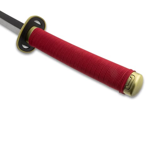 Detailed view of katana's red handle and guard