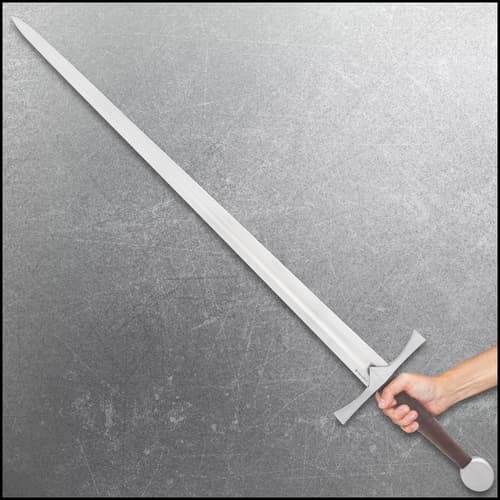 Person holding a long medieval sword with a brown handle